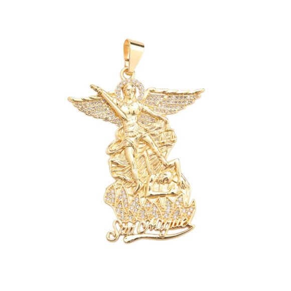 San Miguel St Michael Archangel Bling Crystal Pendant Miami Cuban Chain Necklace - Picture 4 of 4